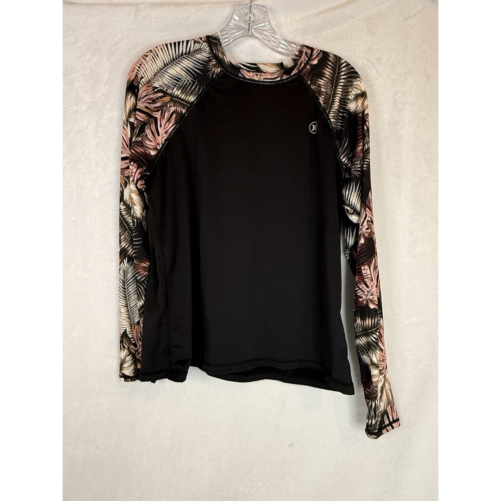 Hurley XL UPF‎ 50+ Rash Guard Tropical Palm Print Long Sleeve Swim Shirt Black